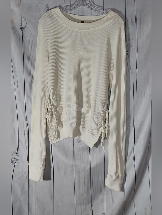 Fp One Tops - Free People One Cream Cropped Interlaken Cozy Thermal Textured Knit Pullover